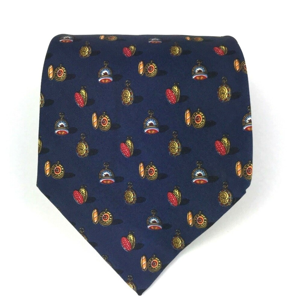 SALVATORE FERRAGAMO Tie Vintage Pocket Clock Time Navy Blue Silk Necktie 57"
